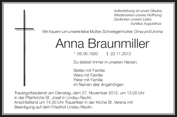 Anzeige von Anna Braunmiller von Schwäbische Zeitung