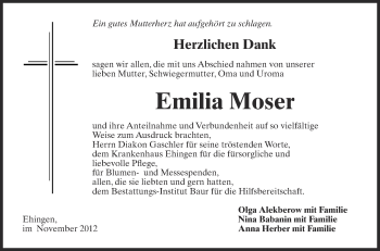 Anzeige von Emilia Moser von Schwäbische Zeitung