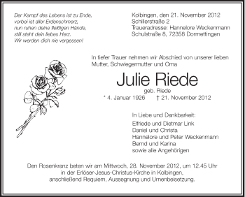Anzeige von Julie Riede von Schwäbische Zeitung