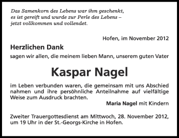 Anzeige von Kaspar Nagel von Schwäbische Zeitung