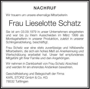 Anzeige von Lieselotte Schatz von Schwäbische Zeitung