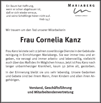 Anzeige von Cornelia Kanz von Schwäbische Zeitung