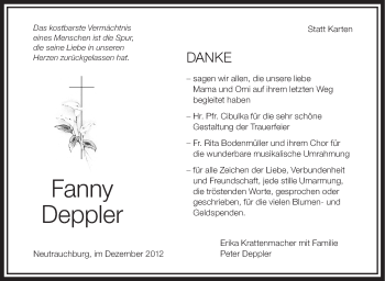 Anzeige von Fanny Deppler von Schwäbische Zeitung