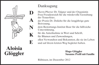 Anzeige von Aloisia Glöggler von Schwäbische Zeitung