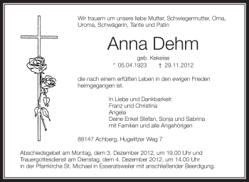 Anzeige von Anna Dehm von Schwäbische Zeitung