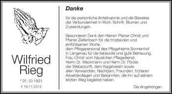Anzeige von Wilfried Rieg von Schwäbische Zeitung