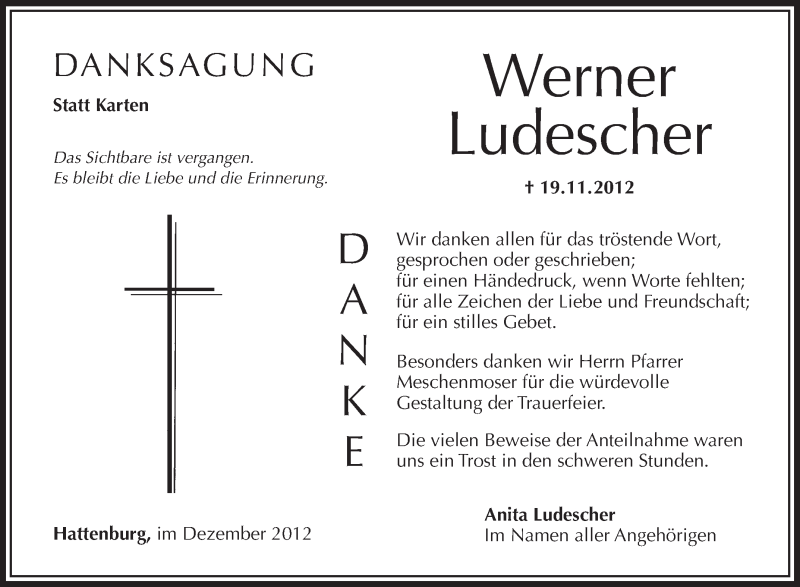  Traueranzeige für Werner Ludescher vom 05.12.2012 aus Schwäbische Zeitung