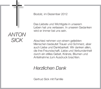 Anzeige von Anton Sick von Schwäbische Zeitung