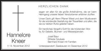 Anzeige von Hannelore Kneer von Schwäbische Zeitung