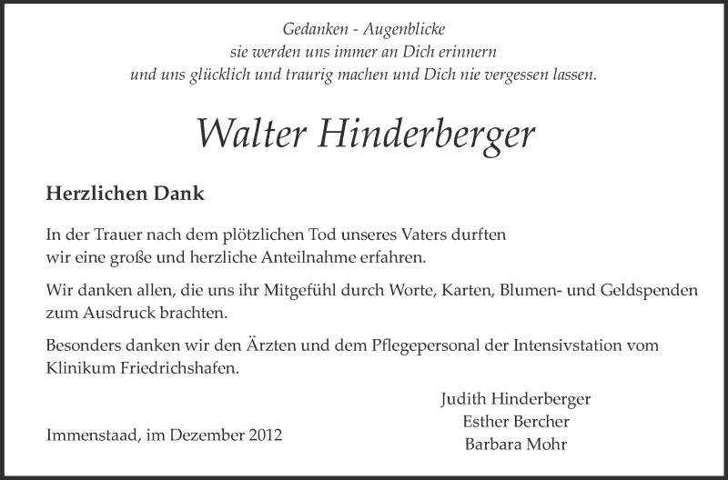  Traueranzeige für Walter Hinderberger vom 08.12.2012 aus Schwäbische Zeitung