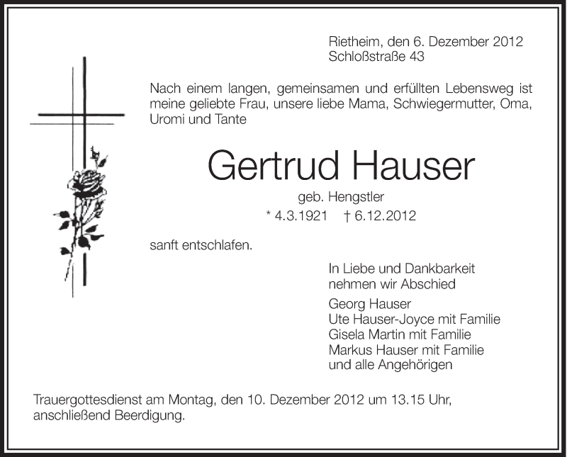  Traueranzeige für Gertrud Hauser vom 08.12.2012 aus Schwäbische Zeitung
