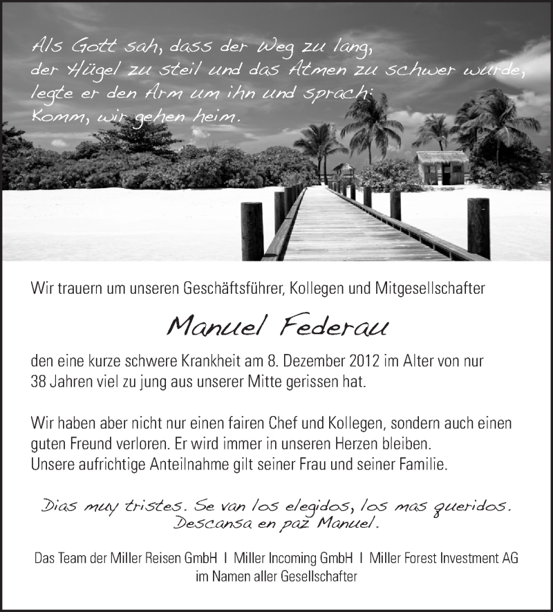  Traueranzeige für Manuel Federau vom 12.12.2012 aus Schwäbische Zeitung