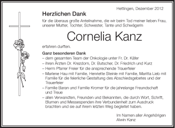 Anzeige von Cornelia Kanz von Schwäbische Zeitung