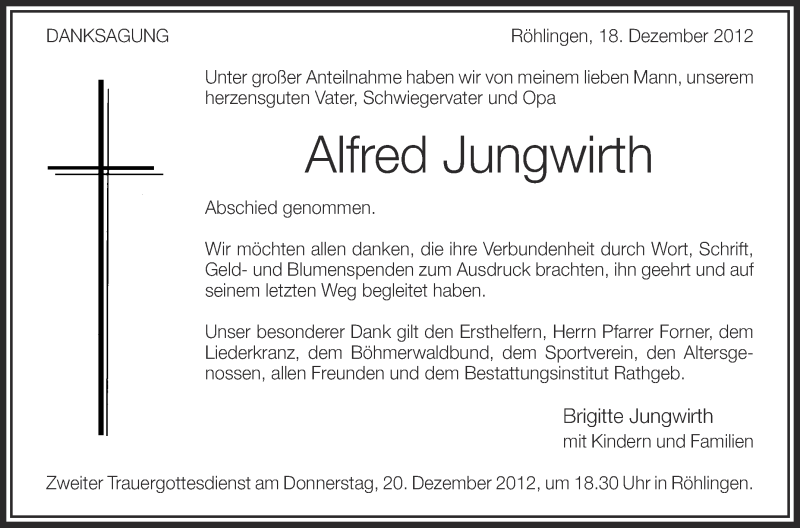  Traueranzeige für Alfred Jungwirth vom 18.12.2012 aus Schwäbische Zeitung