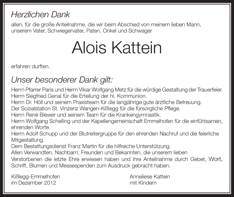  Traueranzeige für Alois Kattein vom 14.12.2012 aus Schwäbische Zeitung