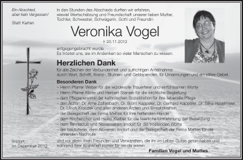 Anzeige von Veronika Vogel von Schwäbische Zeitung