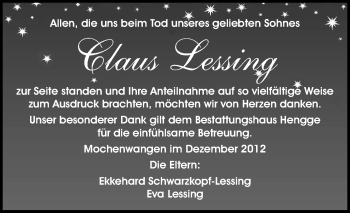 Anzeige von Claus Lessing von Schwäbische Zeitung