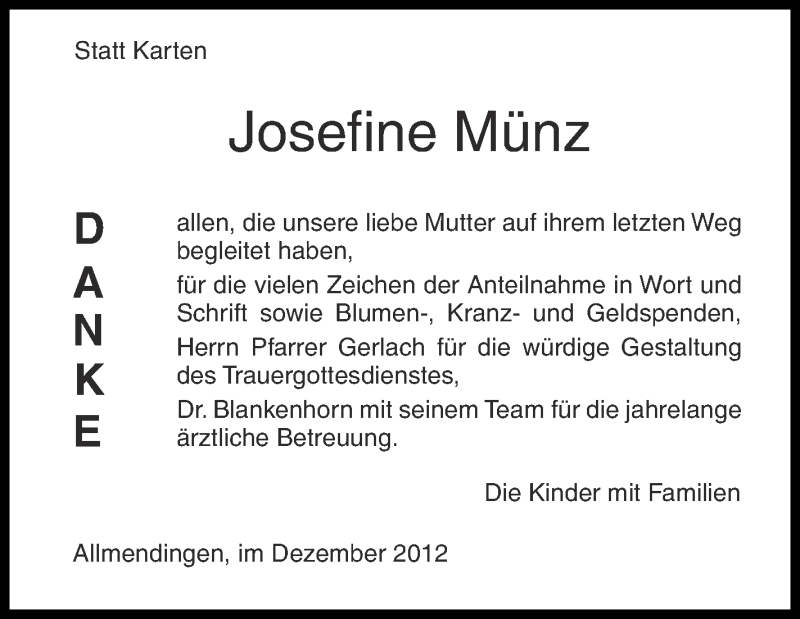  Traueranzeige für Josefine Münz vom 20.12.2012 aus Schwäbische Zeitung