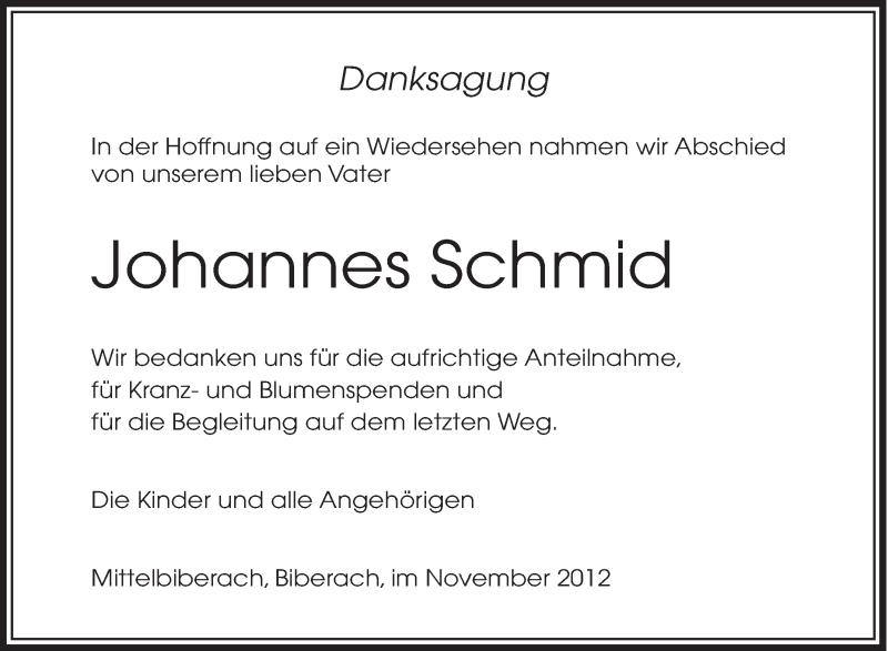  Traueranzeige für Johannes Schmid vom 21.12.2012 aus Schwäbische Zeitung