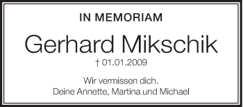 Anzeige von Gerhard Mikschik von Schwäbische Zeitung