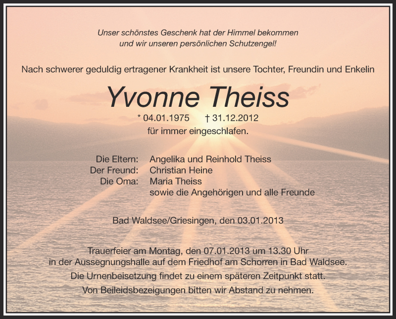  Traueranzeige für Yvonne Theiss vom 03.01.2013 aus Schwäbische Zeitung