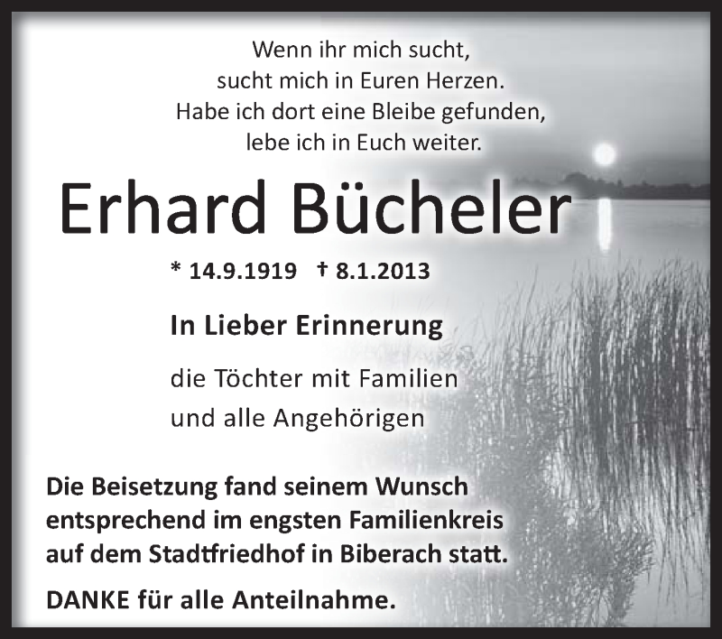  Traueranzeige für Erhard Bücheler vom 16.01.2013 aus Schwäbische Zeitung