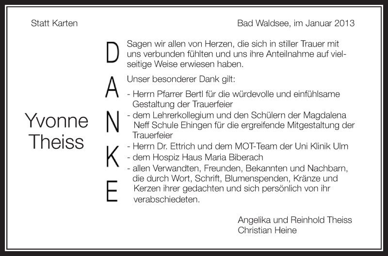  Traueranzeige für Yvonne Theiss vom 19.01.2013 aus Schwäbische Zeitung