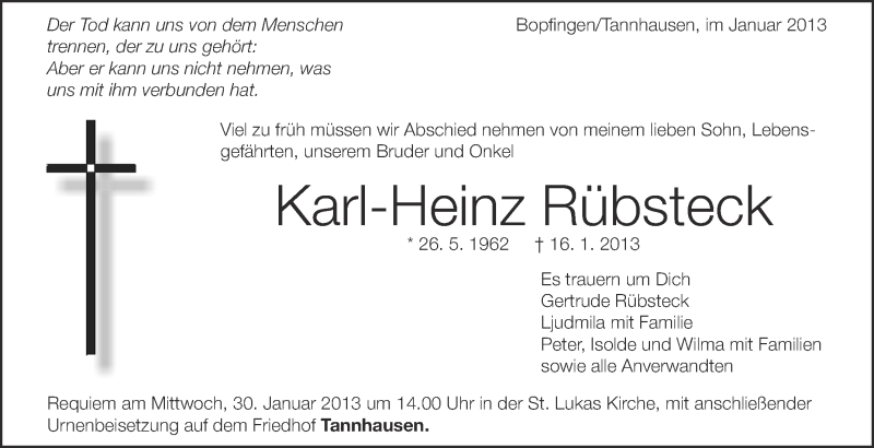 Traueranzeige für Karl-Heinz Rübsteck vom 28.01.2013 aus Schwäbische Zeitung