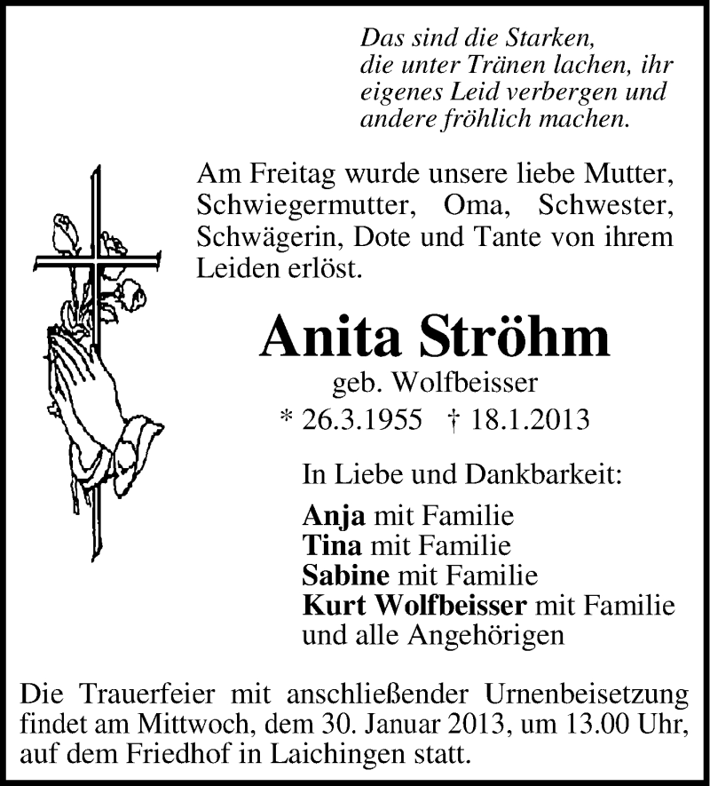  Traueranzeige für Anita Ströhm vom 28.01.2013 aus Schwäbische Zeitung