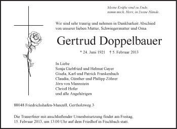 Anzeige von Gertrud Doppelbauer von Schwäbische Zeitung