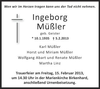 Anzeige von Ingeborg Müßler von Schwäbische Zeitung