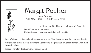 Anzeige von Margit Pecher von Schwäbische Zeitung