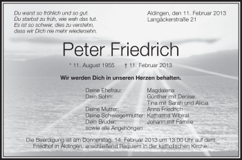 Anzeige von Peter Friedrich von Schwäbische Zeitung