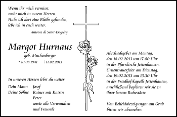 Anzeige von Margot Hurnaus von Schwäbische Zeitung