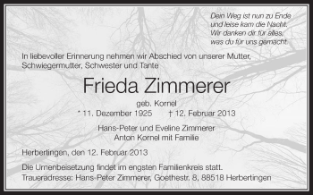 Anzeige von Frieda Zimmerer von Schwäbische Zeitung