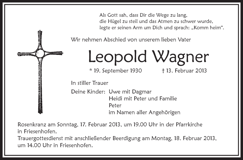  Traueranzeige für Leopold Wagner vom 16.02.2013 aus Schwäbische Zeitung