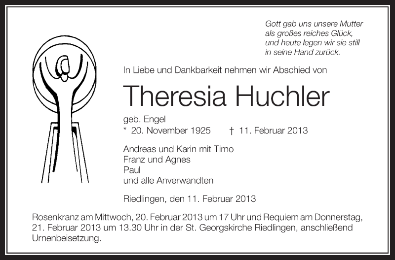  Traueranzeige für Theresia Huchler vom 19.02.2013 aus Schwäbische Zeitung