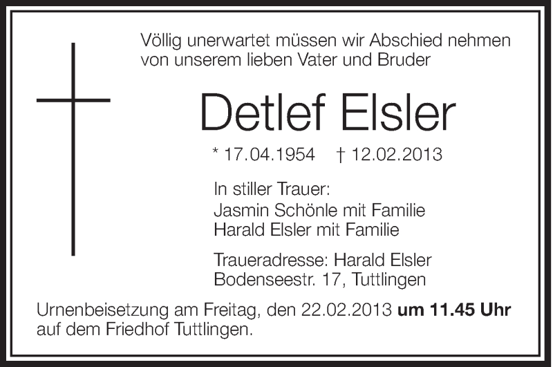  Traueranzeige für Detlef Elsler vom 18.02.2013 aus Schwäbische Zeitung