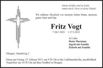 Anzeige von Fritz Vogt von Schwäbische Zeitung