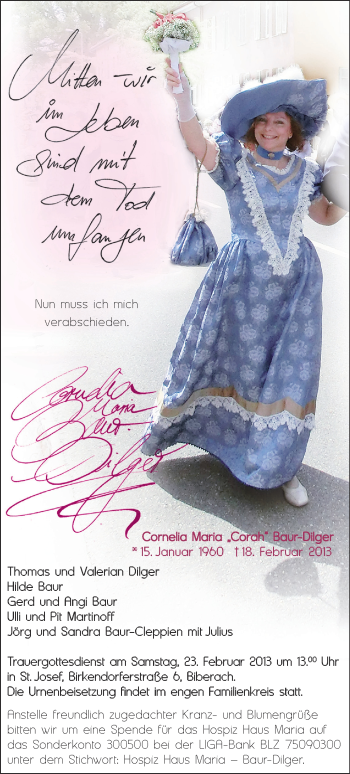 Anzeige von Cornelia Maria Baur-Dilger von Schwäbische Zeitung