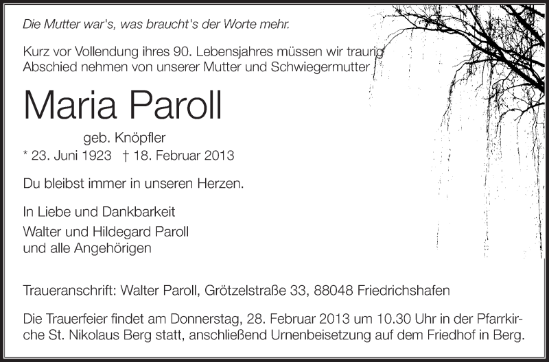  Traueranzeige für Maria Paroll vom 25.02.2013 aus Schwäbische Zeitung