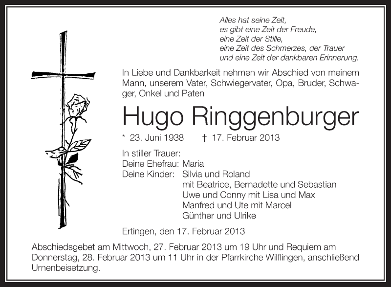  Traueranzeige für Hugo Ringgenburger vom 26.02.2013 aus Schwäbische Zeitung