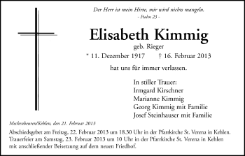 Anzeige von Elisabeth Kimmig von Schwäbische Zeitung