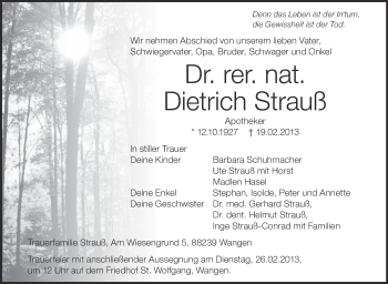 Anzeige von Dietrich Strauß von Schwäbische Zeitung