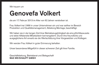 Anzeige von Genovefa Volkert von Schwäbische Zeitung