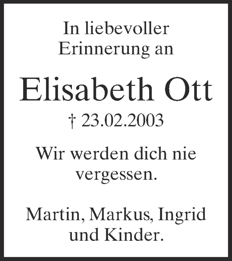  Traueranzeige für Elisabeth Ott vom 23.02.2013 aus Schwäbische Zeitung