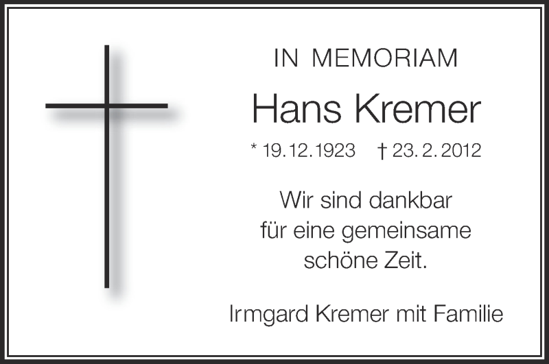  Traueranzeige für Hans Kremer vom 22.02.2013 aus Schwäbische Zeitung
