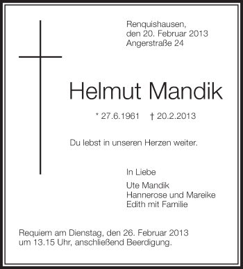 Anzeige von Helmut Mandik von Schwäbische Zeitung