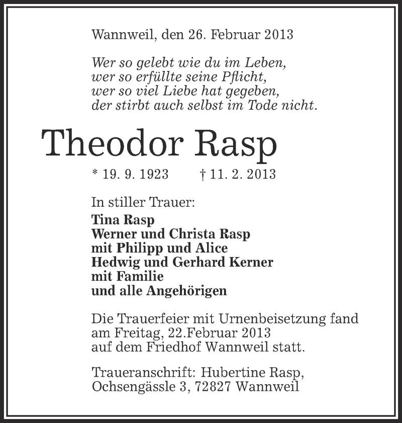  Traueranzeige für Theodor Rasp vom 26.02.2013 aus Schwäbische Zeitung