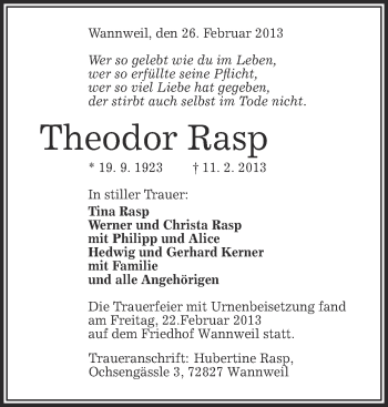 Anzeige von Theodor Rasp von Schwäbische Zeitung